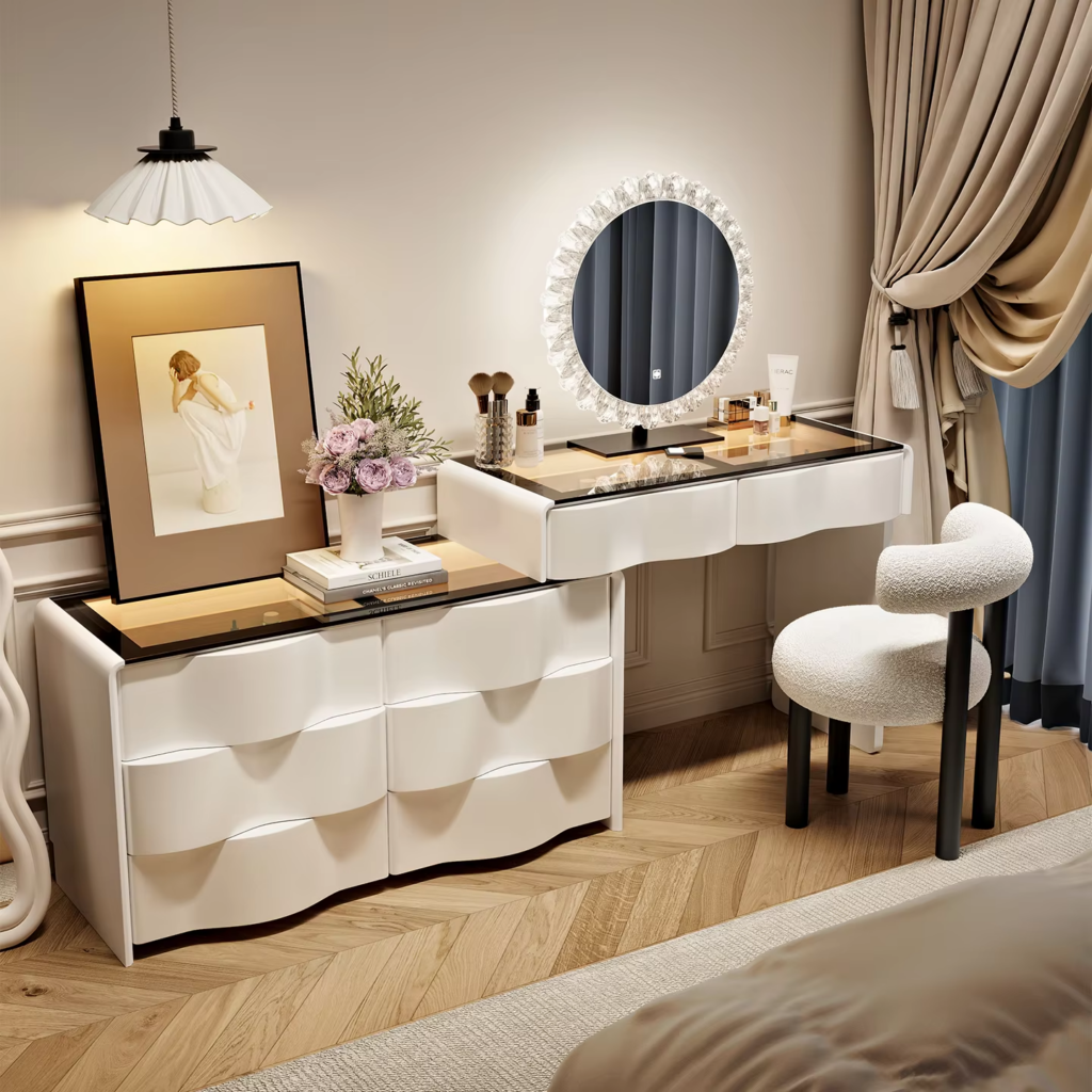 Modern Panel Lighted Luxury Vanity Set with Chest of Drawers and Mirror Stool. Multifunctional Bedroom Furniture Easy Asse...