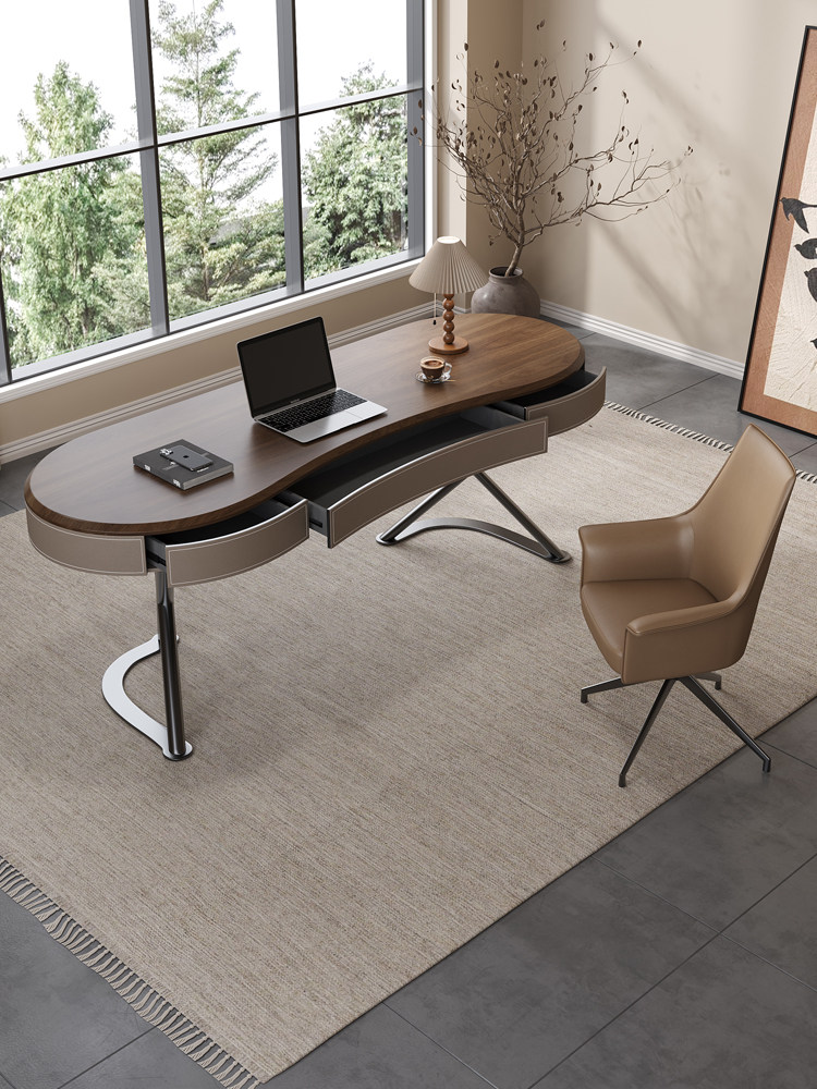 Solid wood office desk with saddle leather finish for home study