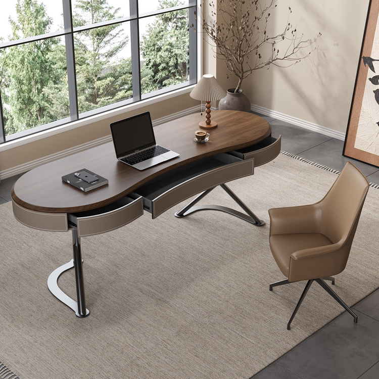 Solid Wood Desk – Lightweight, Luxurious, Modern and Minimalist, Saddle Leather Finish, for Home, Study or Bedroom, Waln...