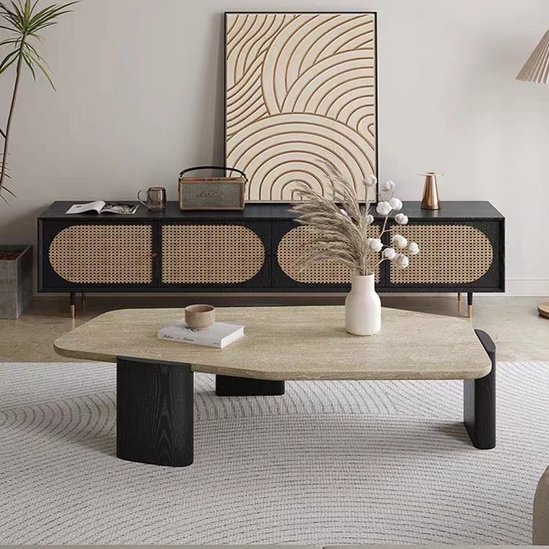 Irregular-shaped rectangular natural travertine coffee table