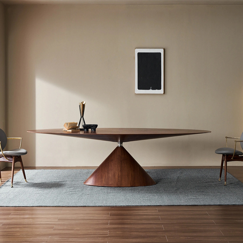 Designer oval solid walnut dining table with sunburst veneer from QONKA HOME