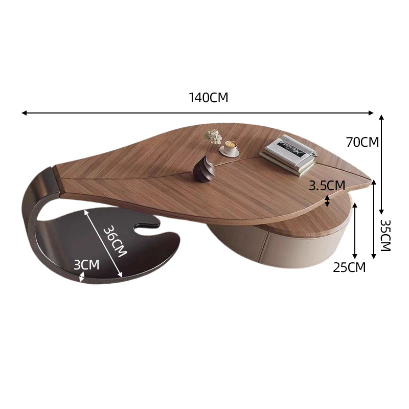 Leaf-shape wooden coffee table beside sofa in contemporary living room