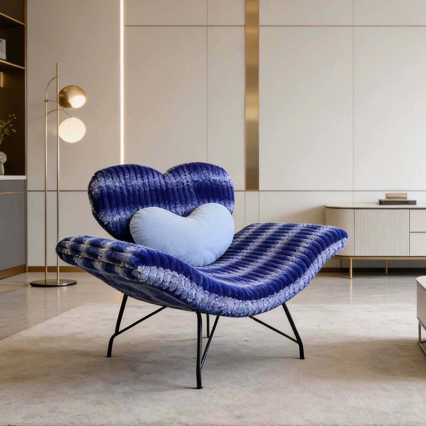 Heart-shaped velvet accent chair beside vanity table in cozy bedroom setup