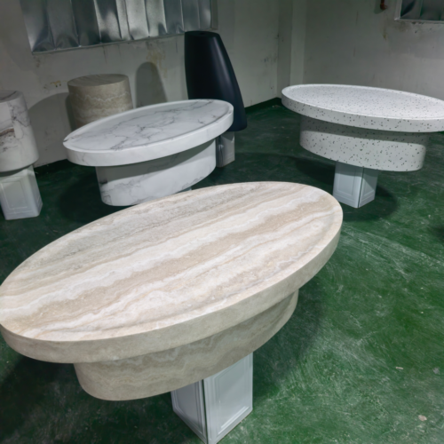 Modern Wabi‑Sabi Oval Faux Travertine Fiberglass Coffee Table - Coffee table - QONKA HOME