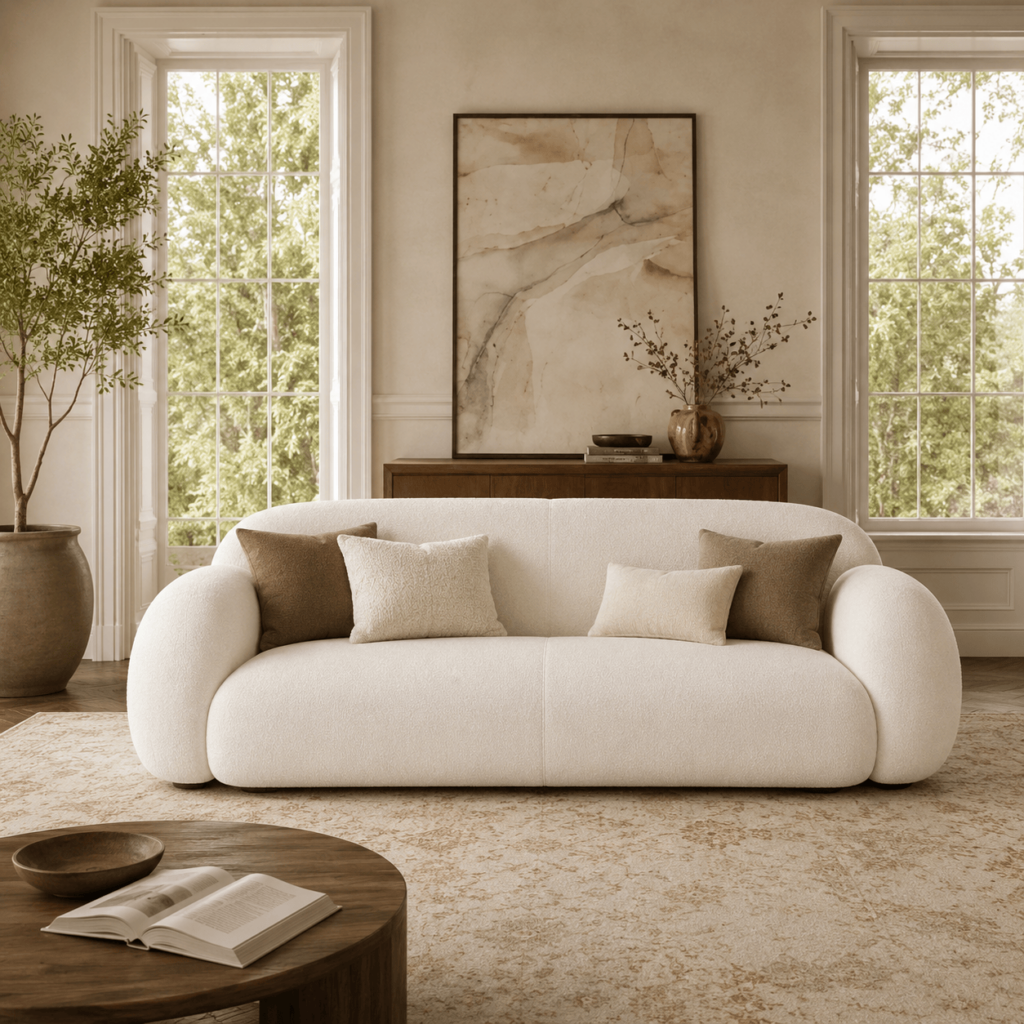Cozy White Teddy Boucle Curved Arc Sofa Minimalist Wabi‑Sabi Living Room Furniture - Sofa - QONKA HOME