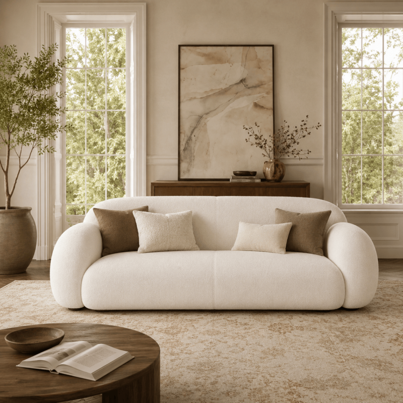 Cozy White Teddy Boucle Curved Arc Sofa Minimalist Wabi‑Sabi Living Room Furniture - Sofa - QONKA HOME