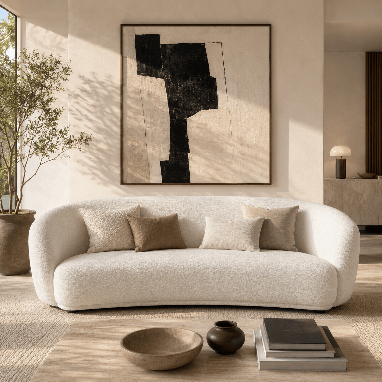 Cozy white teddy boucle curved arc sofa — wabi sabi minimalist living room