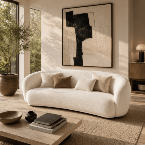 Cozy White Teddy Boucle Curved Arc Sofa Minimalist Wabi‑Sabi Living Room Furniture - Sofa - QONKA HOME