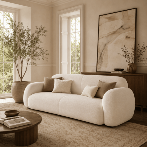 Cozy White Teddy Boucle Curved Arc Sofa Minimalist Wabi‑Sabi Living Room Furniture - Sofa - QONKA HOME