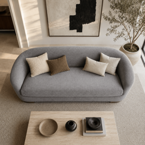 Grey Fabric Curved Sofa With Solid Wood Legs Luxury Wabi‑Sabi Living Room Couch - Sofa - QONKA HOME