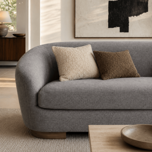 Grey Fabric Curved Sofa With Solid Wood Legs Luxury Wabi‑Sabi Living Room Couch - Sofa - QONKA HOME