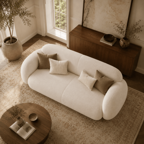 Cozy White Teddy Boucle Curved Arc Sofa Minimalist Wabi‑Sabi Living Room Furniture - Sofa - QONKA HOME