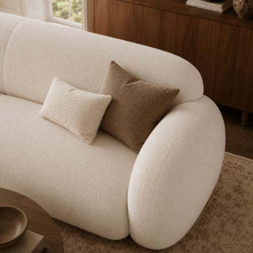 Cozy White Teddy Boucle Curved Arc Sofa Minimalist Wabi‑Sabi Living Room Furniture - Sofa - QONKA HOME