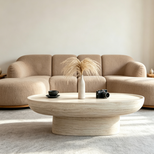 Wabi-Sabi Style Oval Resin Coffee Table with Faux Travertine Finish - Coffee table - QONKA HOME