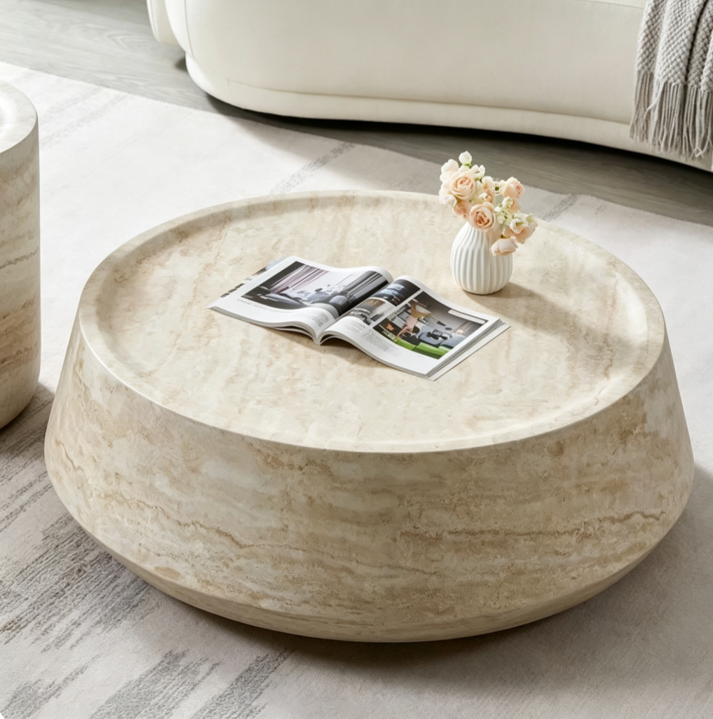 Wabi-sabi imitation travertine round coffee table set, QONKA HOME round coffee table in stone-look finish