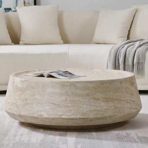 Wabi-sabi Imitation Travertine Round Coffee Table Set - Coffee table - QONKA HOME