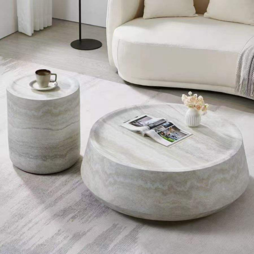 Wabi-sabi Imitation Travertine Round Coffee Table Set - Coffee table - QONKA HOME
