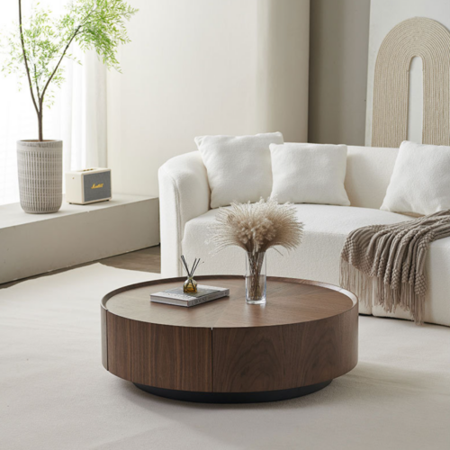Vintage Walnut Round Coffee Table Set  with Drawers - Coffee table - QONKA HOME