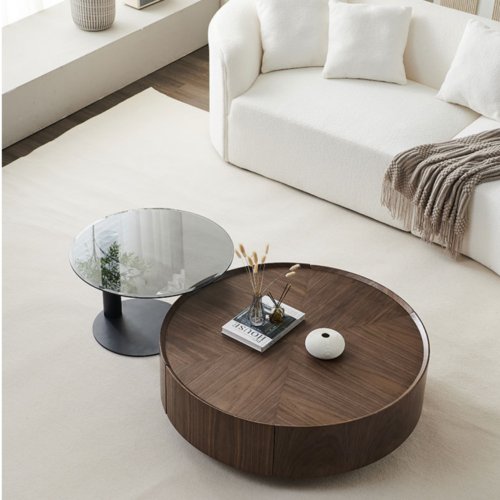 Vintage Walnut Round Coffee Table Set  with Drawers - Coffee table - QONKA HOME