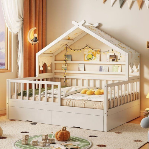 Wooden House Shape Kids Bed - Bed - QONKA HOME