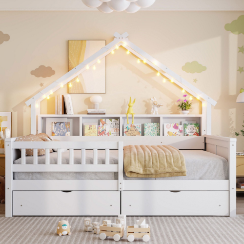 Wooden House Shape Kids Bed - Bed - QONKA HOME