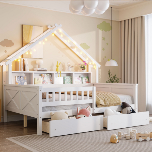 Wooden House Shape Kids Bed - Bed - QONKA HOME