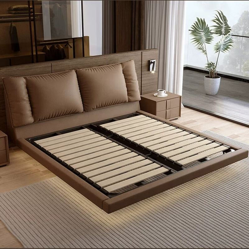 Minimalist solid wood upholstered platform bed in modern bedroom from QONKA HOME