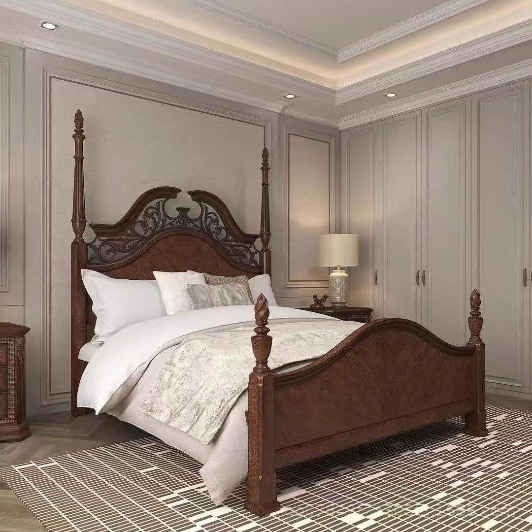 Solid wood four poster bed hand carved vintage style from QONKA HOME China factory