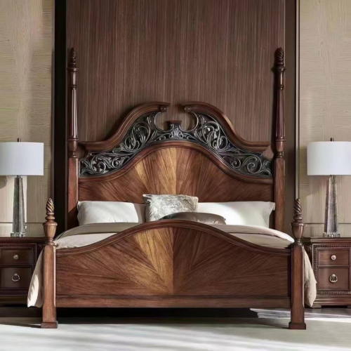 High End Traditional Vintage American Hand Carved Solid Wood Four Poster Bed - Bed - QONKA HOME