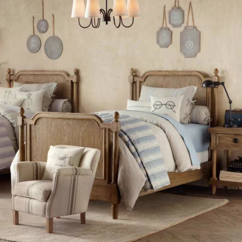 Vintage Washed Oak Solid Wood Bed - Bed - QONKA HOME