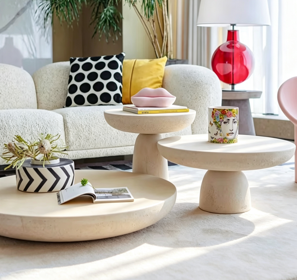 Travertine Effect sofe  Side Table Coffee Table Set - Coffee table - QONKA HOME