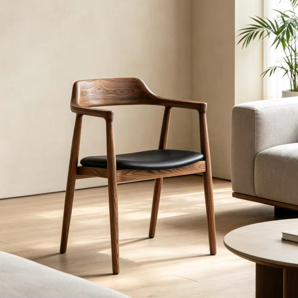 Mid-century solid wood arm dining chair PU leather padded seat