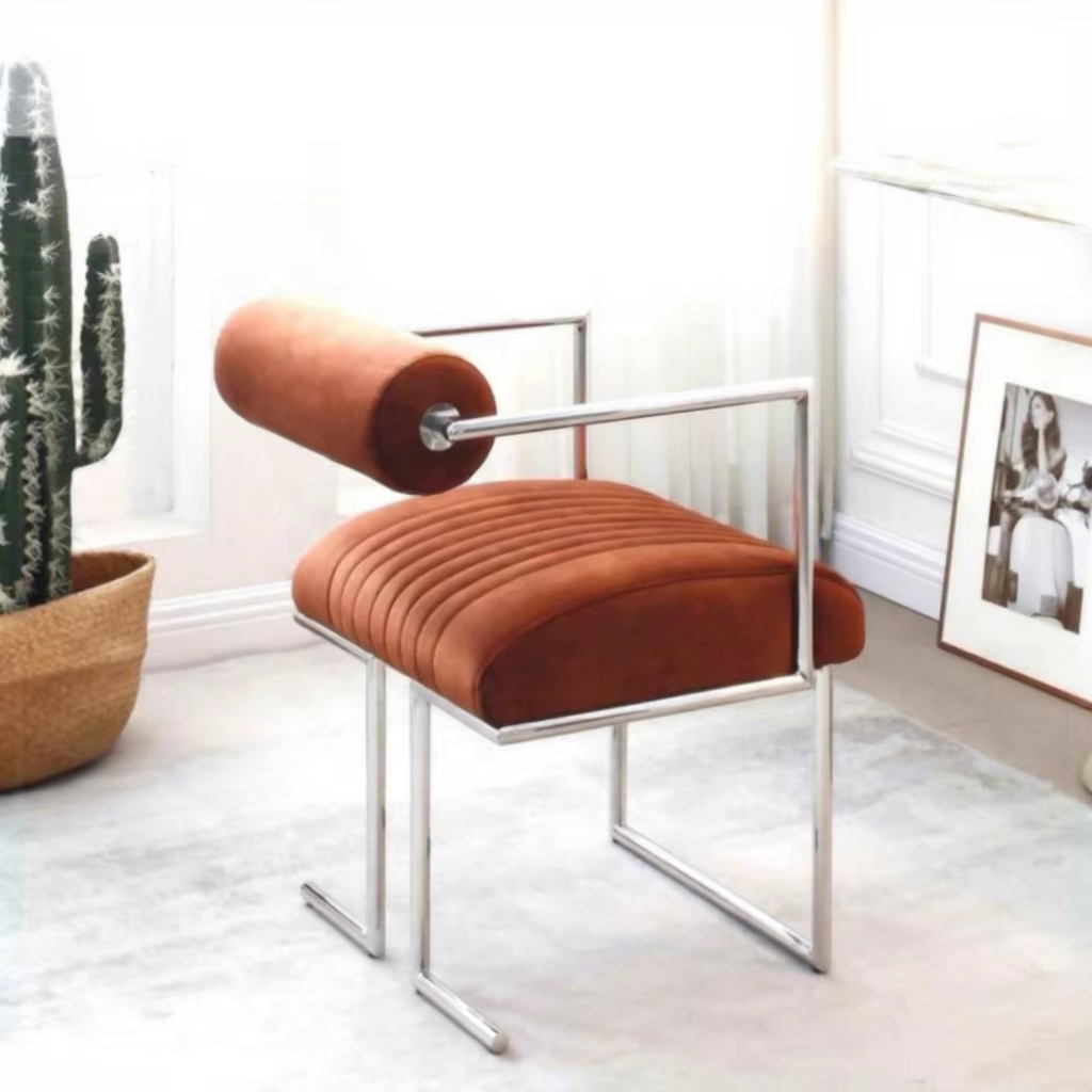 Modern Cylinder Back Dining Chair with Polished Stainless Steel Frame, Upholstered Accent Chair - Dining chair - QONKA HOME