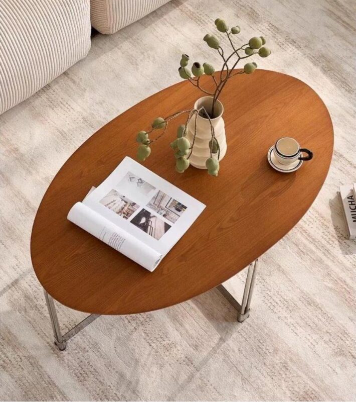 Mid‑Century Retro Oval Wooden Coffee Table  Tempered glass Center Table with Chrome Metal Legs - Coffee table - QONKA HOME