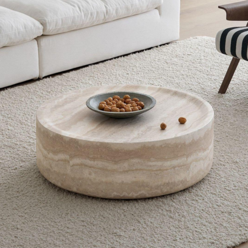 Modern Beige Travertine Round Drum Coffee Table - Coffee table - QONKA HOME