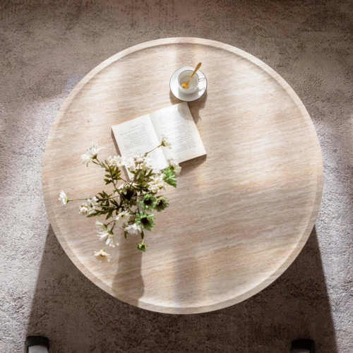 Modern Beige Travertine Round Drum Coffee Table - Coffee table - QONKA HOME