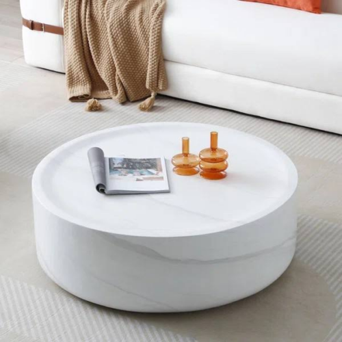 Modern Beige Travertine Round Drum Coffee Table - Coffee table - QONKA HOME