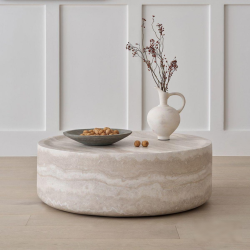 Modern Beige Travertine Round Drum Coffee Table - Coffee table - QONKA HOME