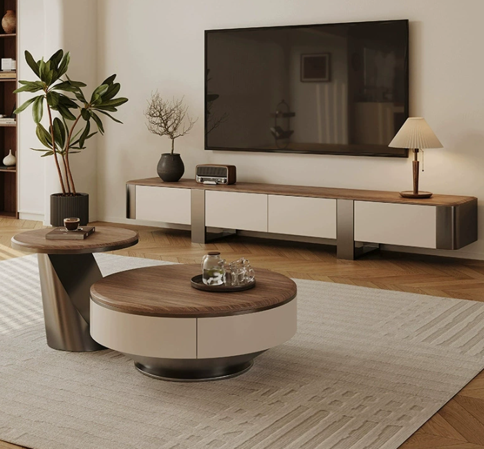 Walnut Coffee Table and TV Stand Set with Stainless Steel Base - Coffee table - QONKA HOME