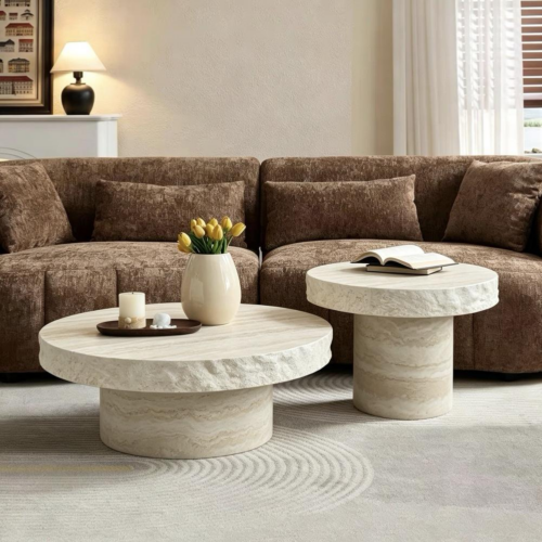Modern Beige Travertine Accent Coffee Table Set - Coffee table - QONKA HOME