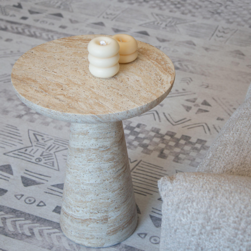 Beige Stone-Look Round Sofa Side Table - Coffee table - QONKA HOME