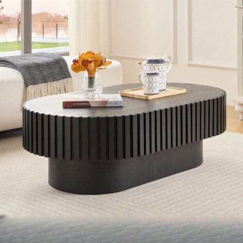 Modern Oval Wood Coffee Table Fluted Slatted - Coffee table - QONKA HOME