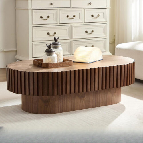 Modern Oval Wood Coffee Table Fluted Slatted - Coffee table - QONKA HOME