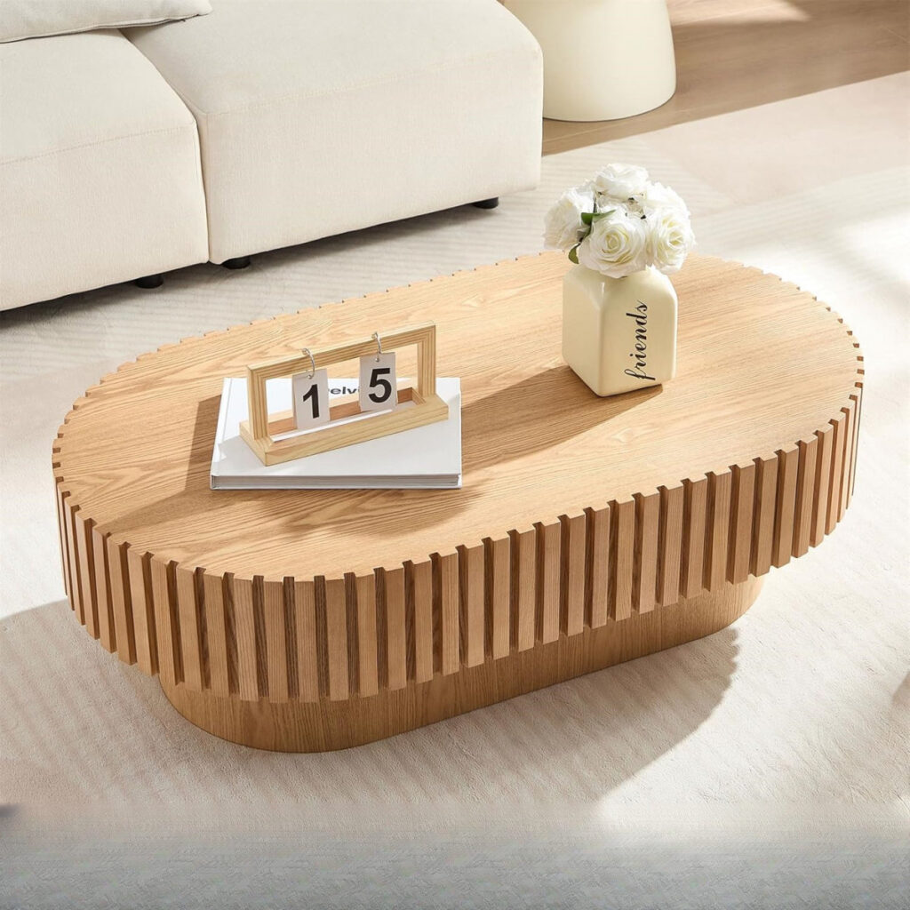 Modern Oval Wood Coffee Table Fluted Slatted - Coffee table - QONKA HOME