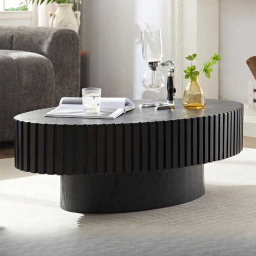 Modern Oval Wood Coffee Table Fluted Slatted - Coffee table - QONKA HOME