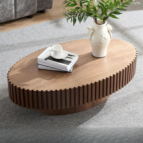 Modern Oval Wood Coffee Table Fluted Slatted - Coffee table - QONKA HOME