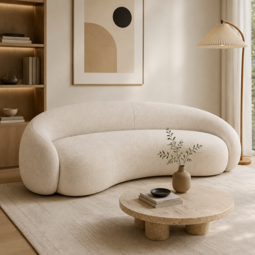 Plush Boucle Wabi‑Sabi Curved Sofa Soft Curved Couch For Modern Living Room - Sofa - QONKA HOME