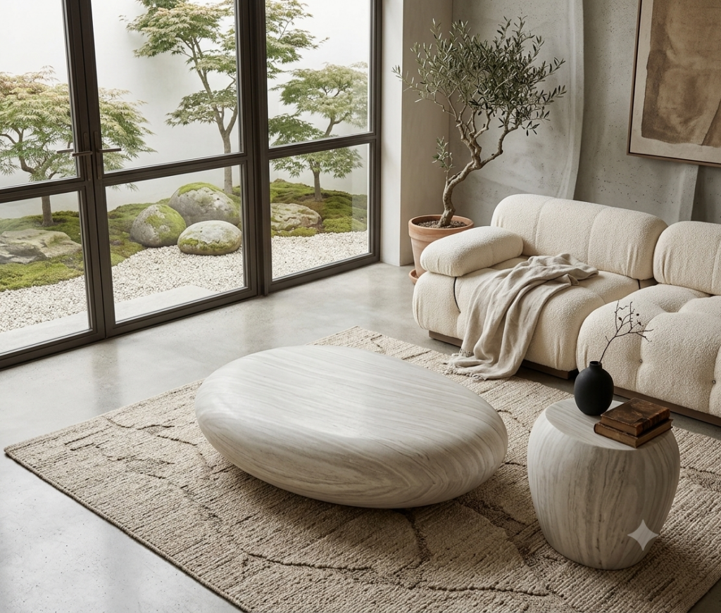 Curved Travertine-Look Coffee & Side Table Set - Coffee table - QONKA HOME