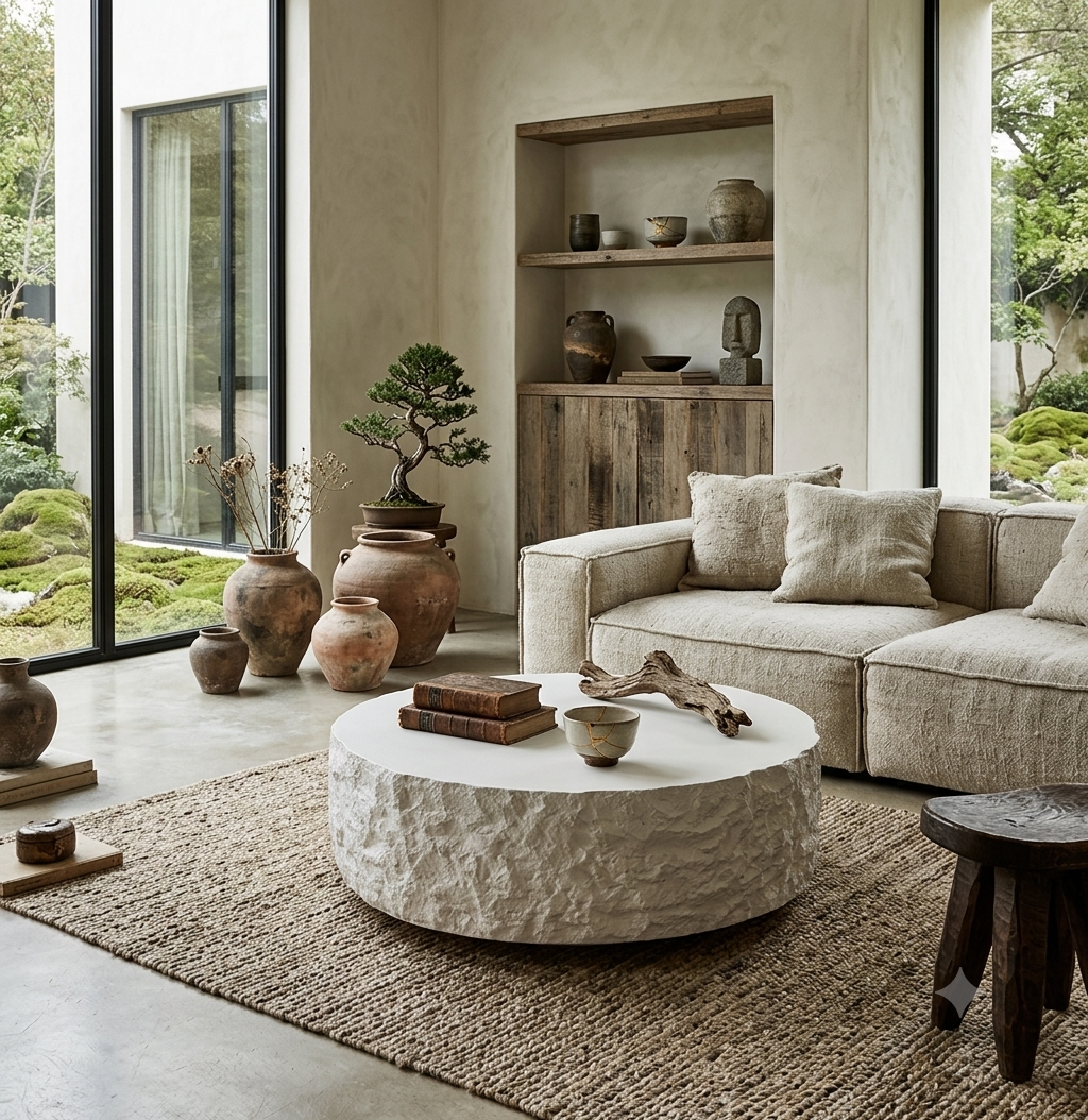 Sculptural rock aesthetic coffee table with hand-chiseled stone texture