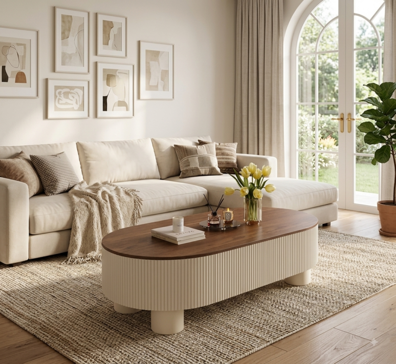 Curved Frame Wooden Nesting Coffee Table Set With Storage Drawer - Coffee table - QONKA HOME